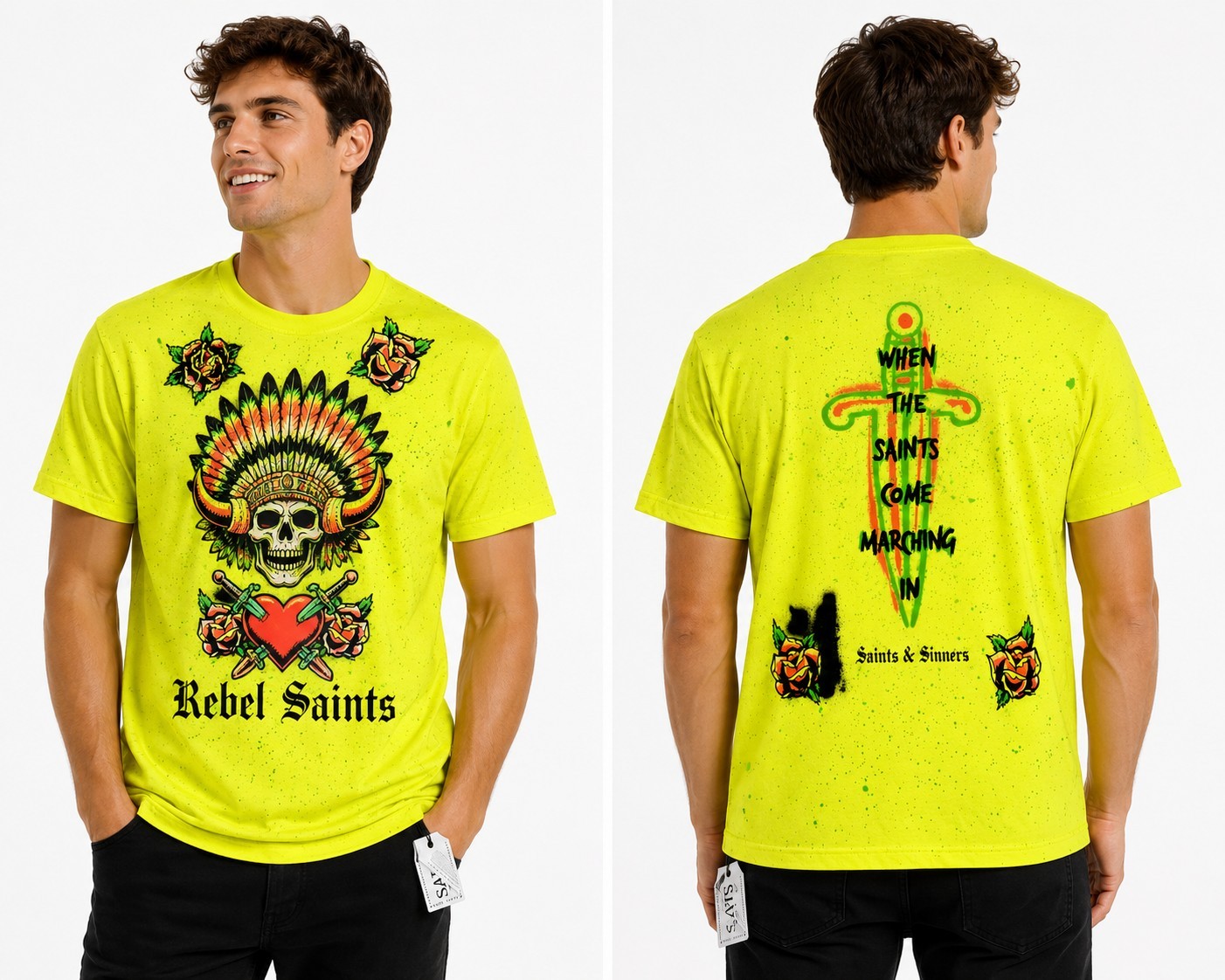 Rebel Saints Neon Yellow Marching In Graphic Skull Roses T-Shirt NWT L300 Sz M