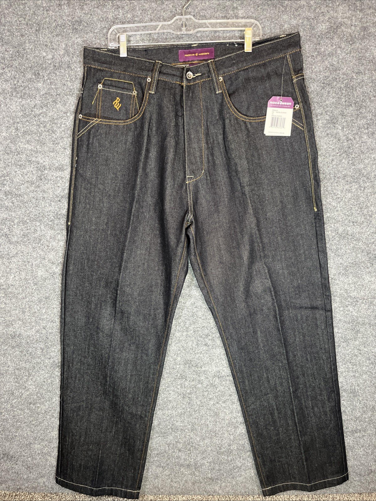 Rocawear Special Forces R0906J33 Raw Blue Denim Jeans Mens 36 Embroidered