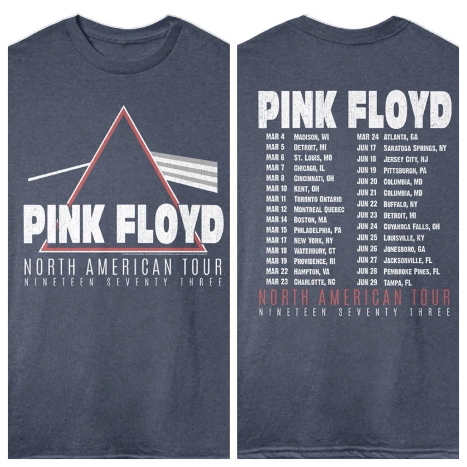 Official T Shirt PINK FLOYD 1973 NORTH AMERICAN TOUR 2 Sided New Navy Heather