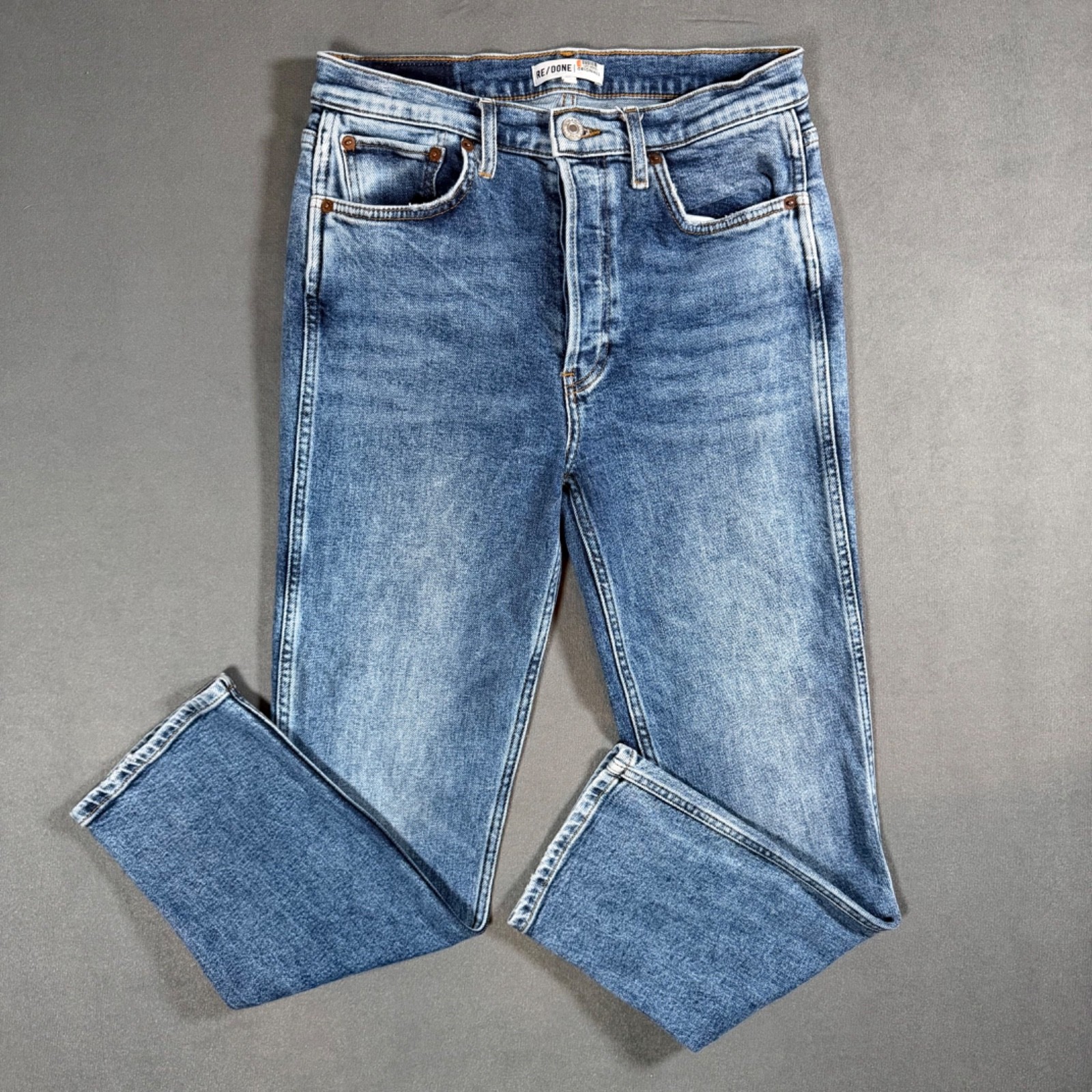 RE/DONE Originals High Rise Straight Leg Jeans Button Fly Medium Wash Size 29