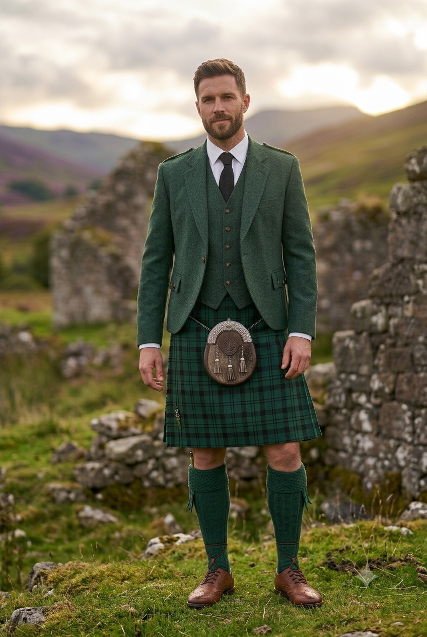 Men's Green Wool Argyle Kilt Jacket and Vest Scottish Highland Groom Coat