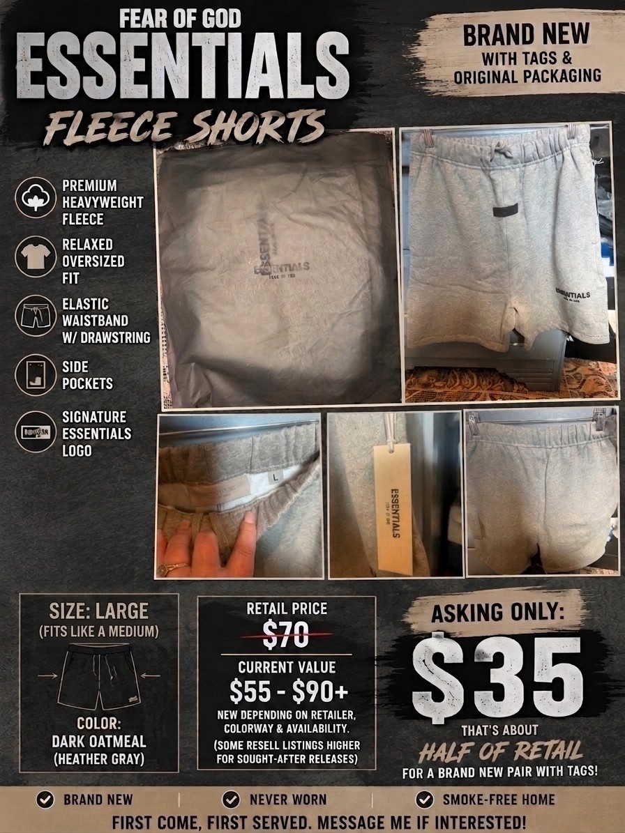 Fear of God Essentials Fleece Shorts Large Dark Oat Meal