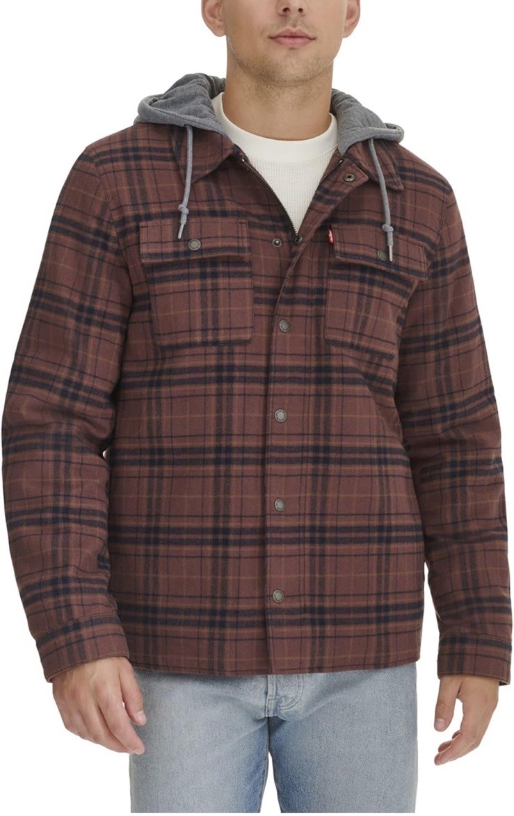 Levi\'s Men\'s Plaid Sherpa Lined Hooded Shirt Jacket Shacket Brown Size Small S