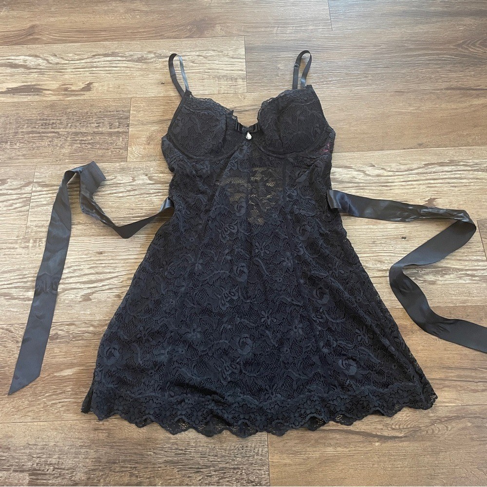 Victorias Secret black sexy lingerie lace slip bra nightie 34c