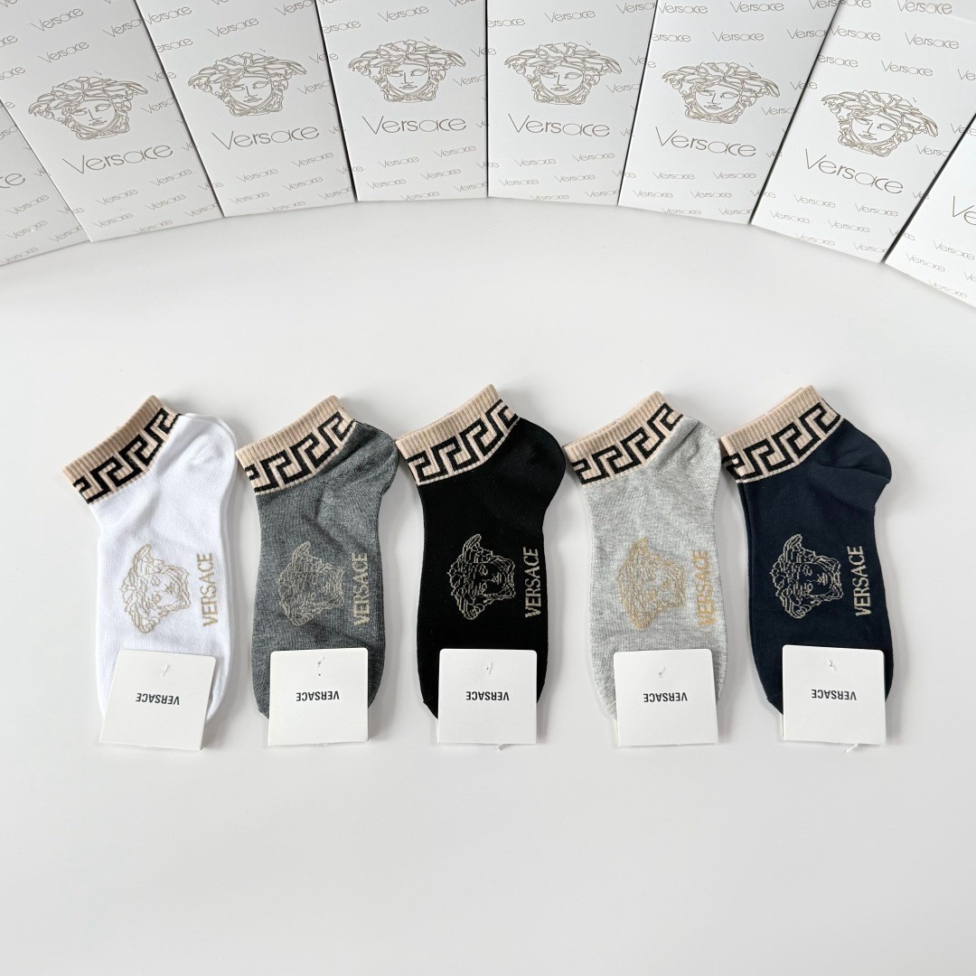 Versace 5 Pairs Cotton Short Socks Set Men Classic Medusa Logo Casual Ankle Sock