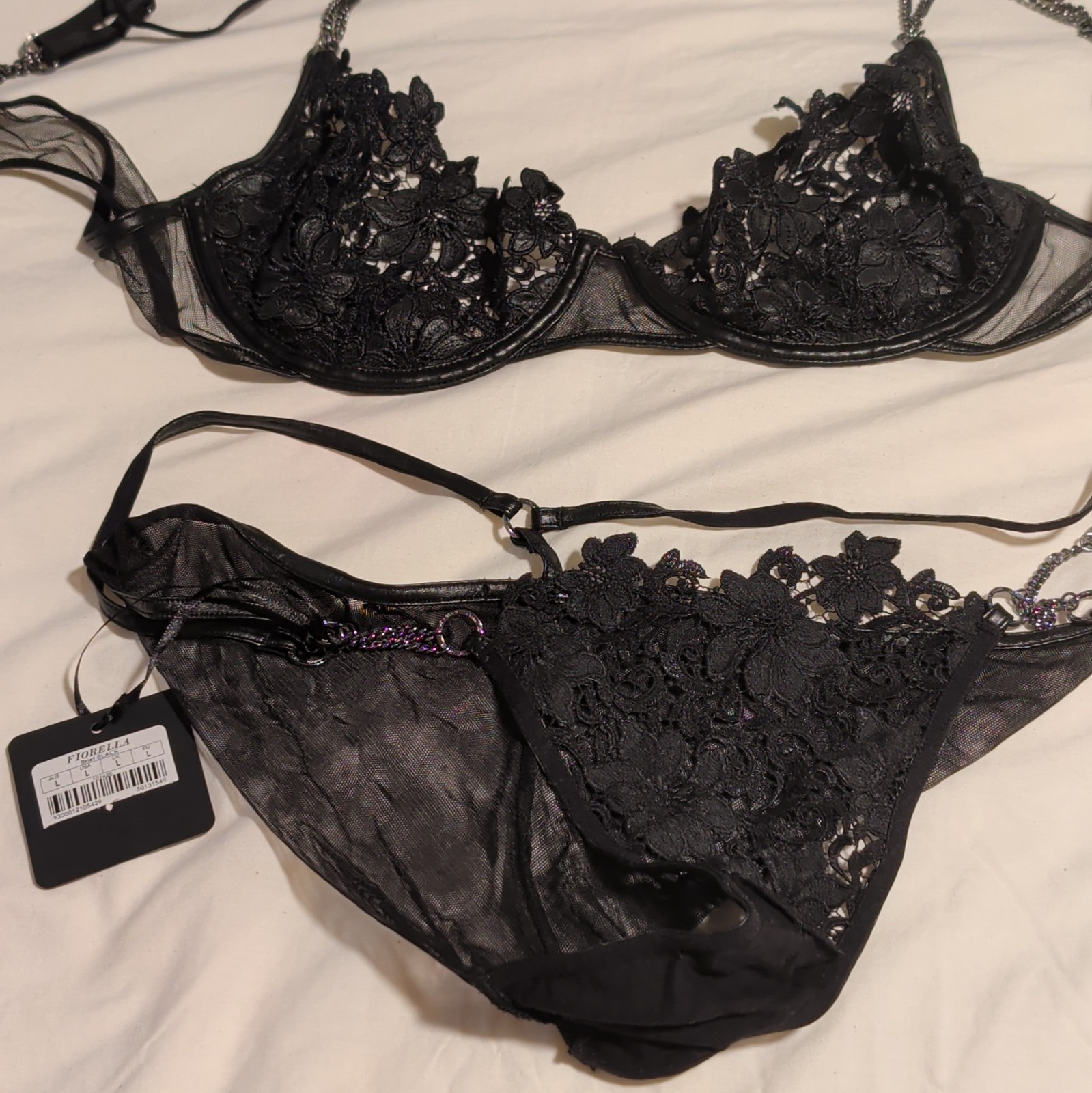 Honey Birdette RARE Fiorella Black Lace Bra & Panty Lingerie Set, Size 14C /L