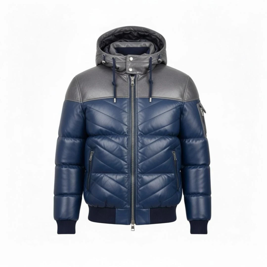 New Arrival Two Tone Leather Bubble Bomber Jacket Hooded Winter Puffer jacket