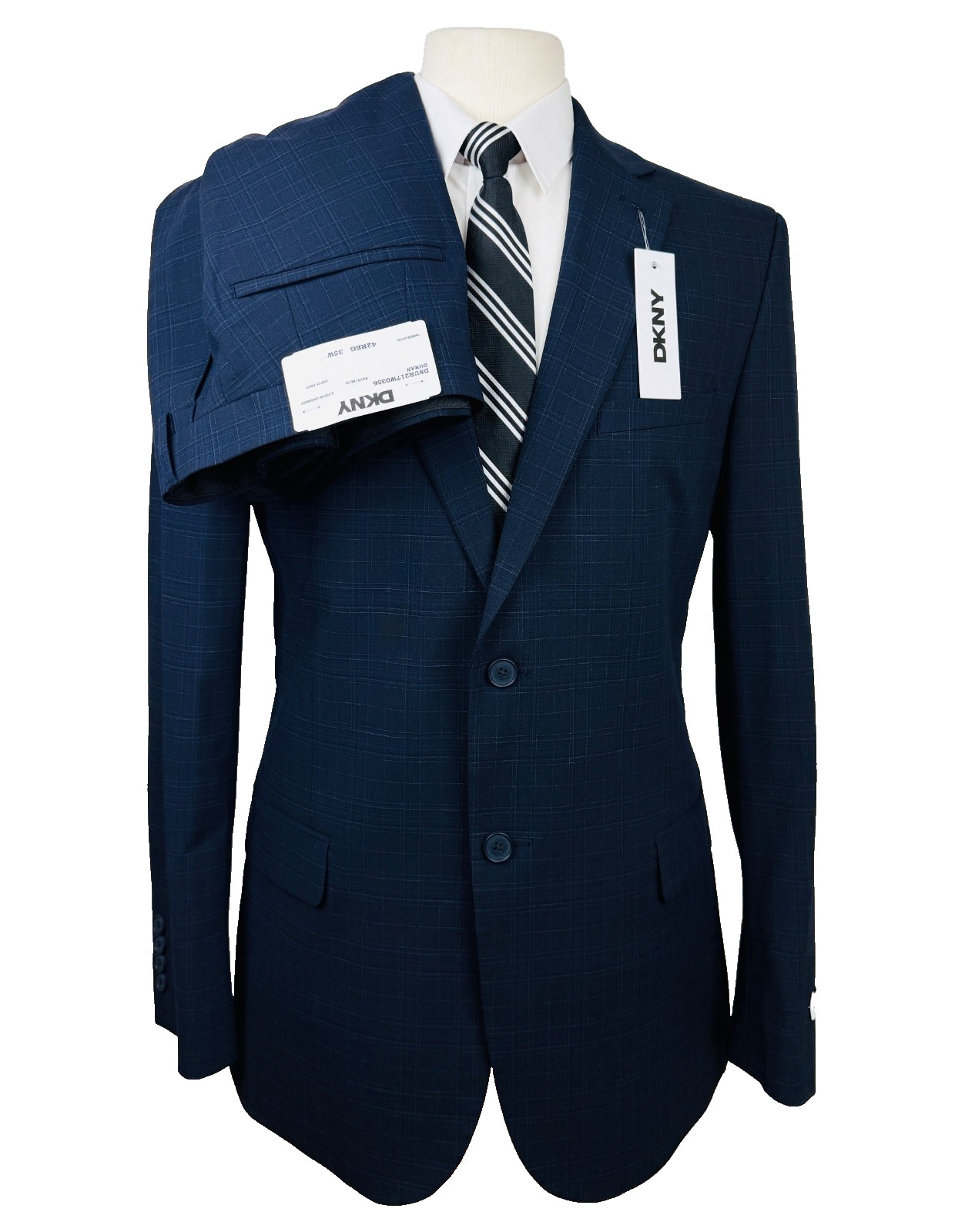 $395 NEW DKNY MENS 42R NAVY/BLUE PLAID SOFT 2 PIECE SUIT WITH DRESS PANTS 35X32