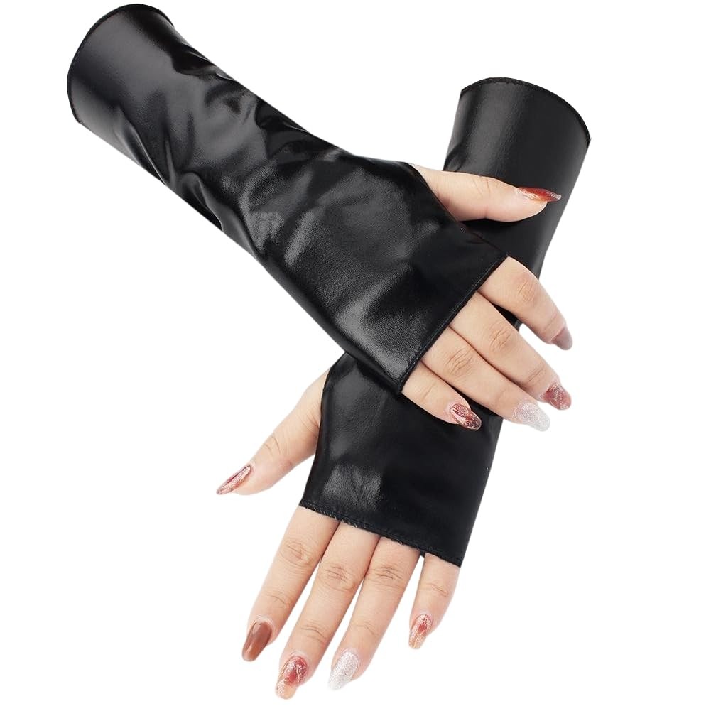 CALFOVERA Short PU Leather Fingerless Gloves Black Shiny Metallic Rock Stage Glo
