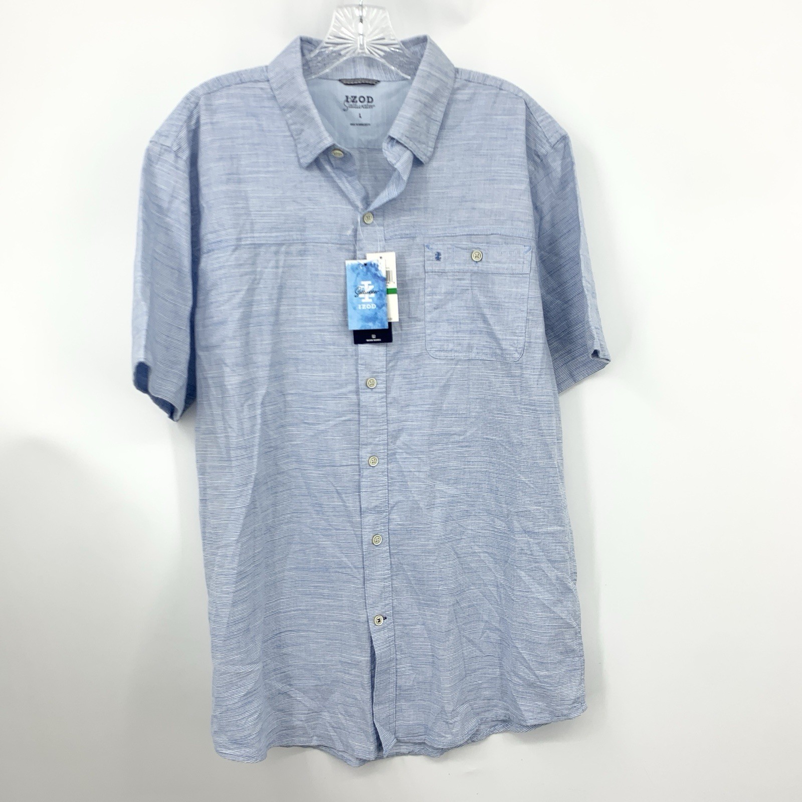 IZOD Saltwater Men Size Large Shirt Blue Stripe Short Sleeve Button Down Top