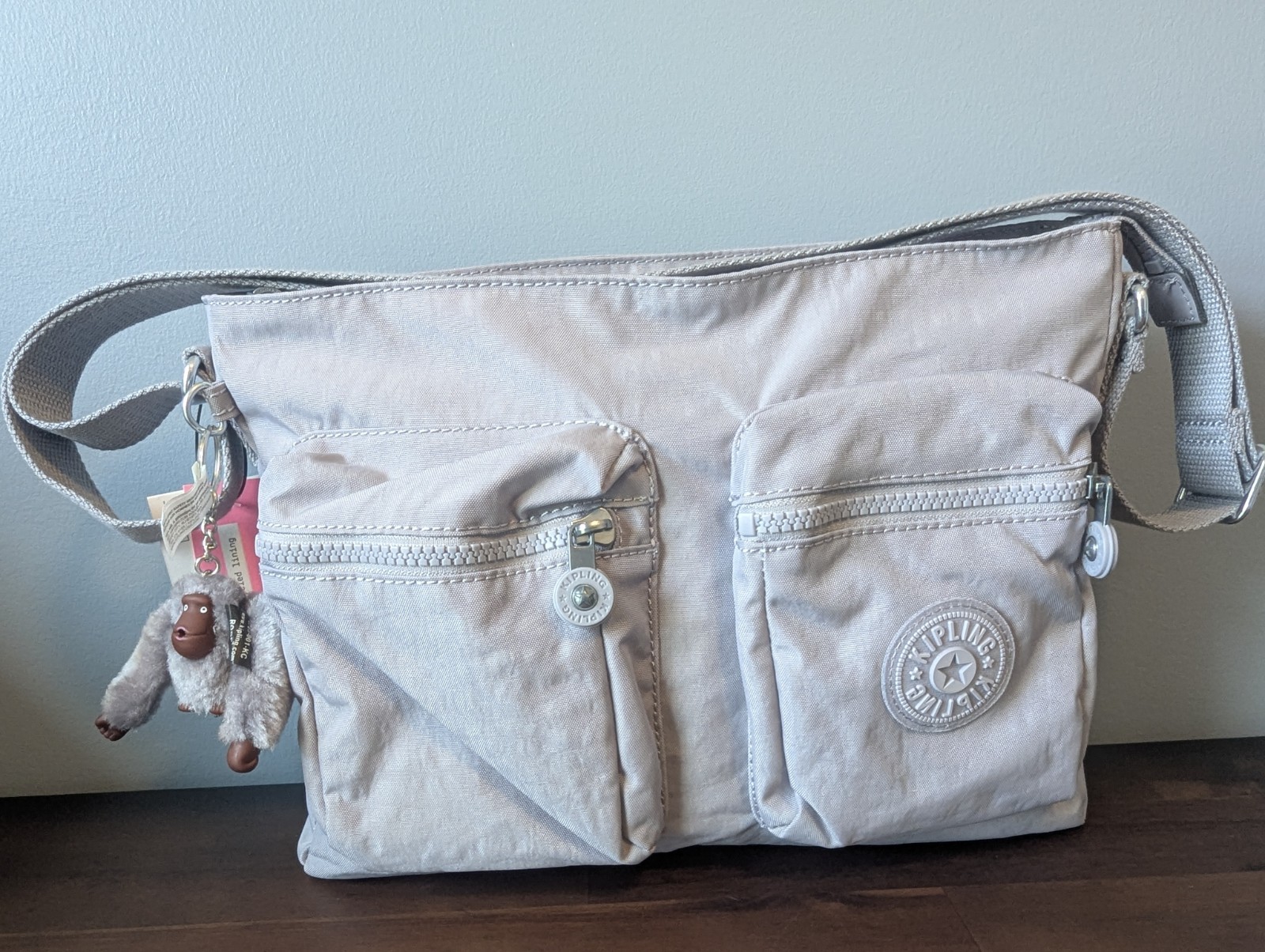New Kipling Coralie Crossbody Bag Purse Dove Grey Light Purple Gorilla Charm