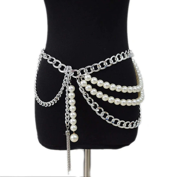 New Arrival Adjustable Multi-Layer Thick Chain Pearl Tassel Belts for Women.