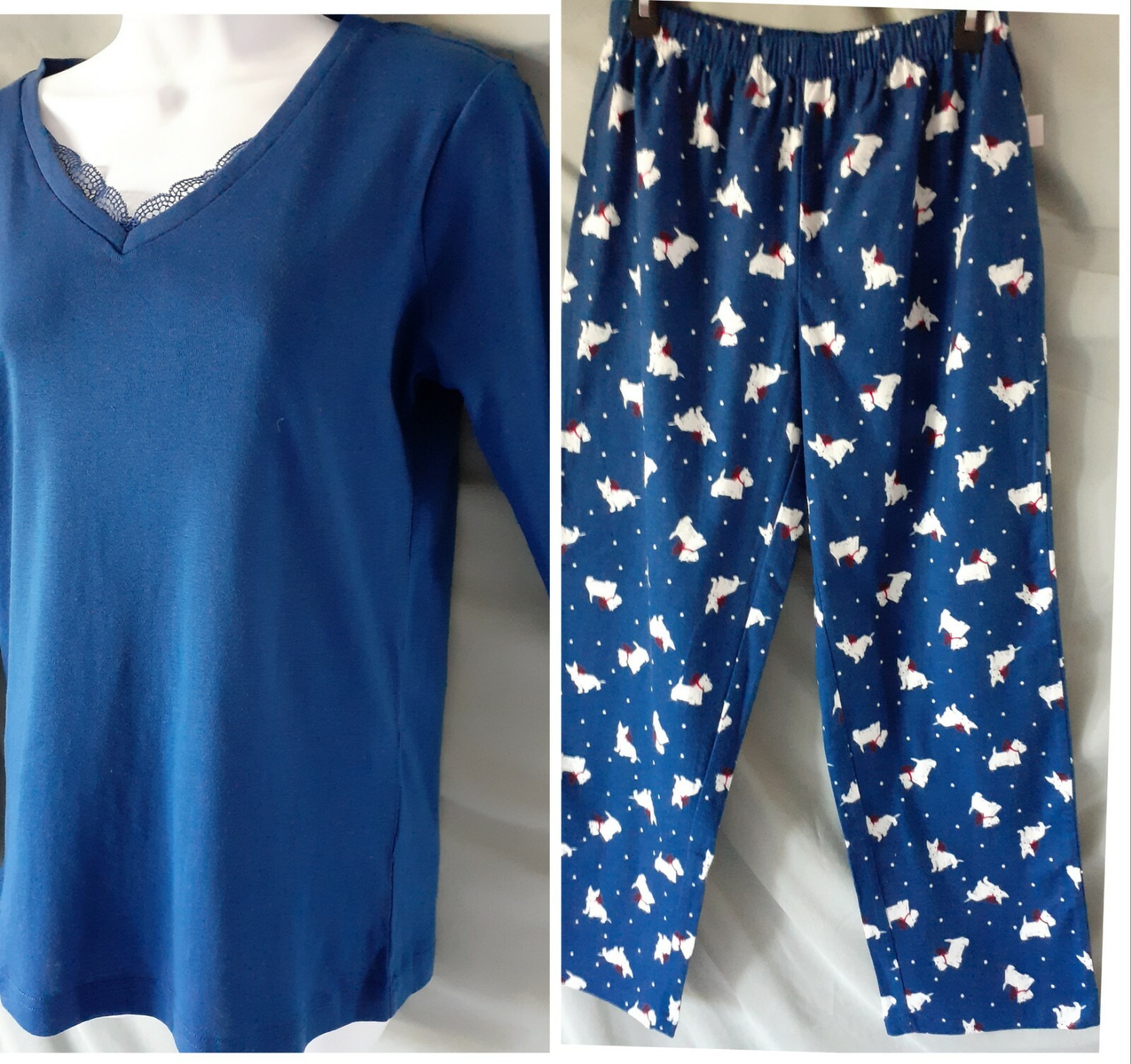 Charter Club Blue White Pajama Set Long Sleeve Long Pants Dogs  Small 42\
