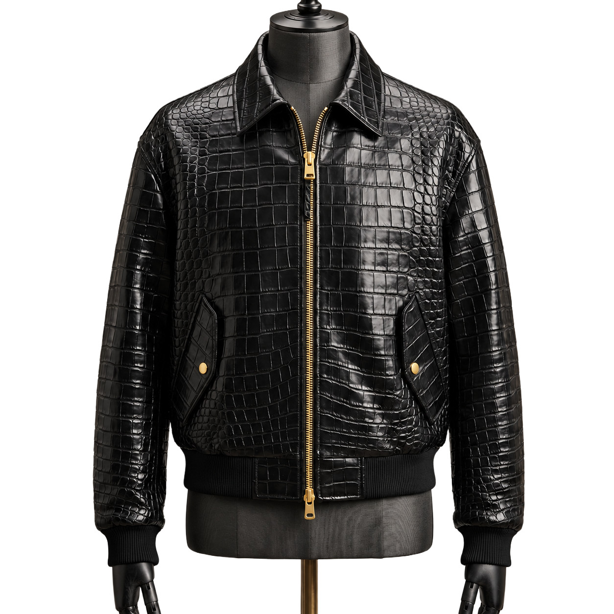 Men's Crocodile Embossed Leather Jacket Black Luxury Bomber Gold Zipper Jacket