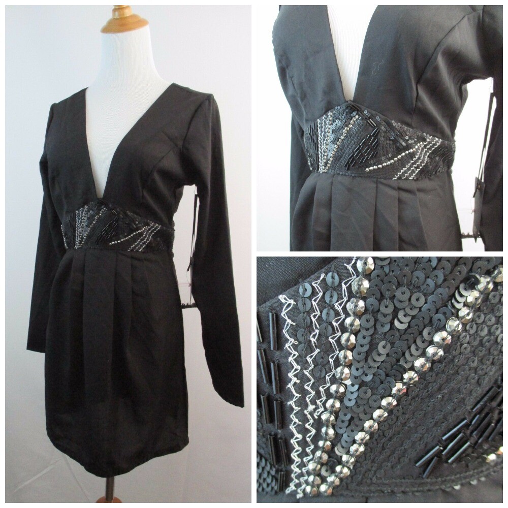 NWT NBD Revolve Black Satin Embellished Low V Neck Long Sleeve Dress Womens sz S