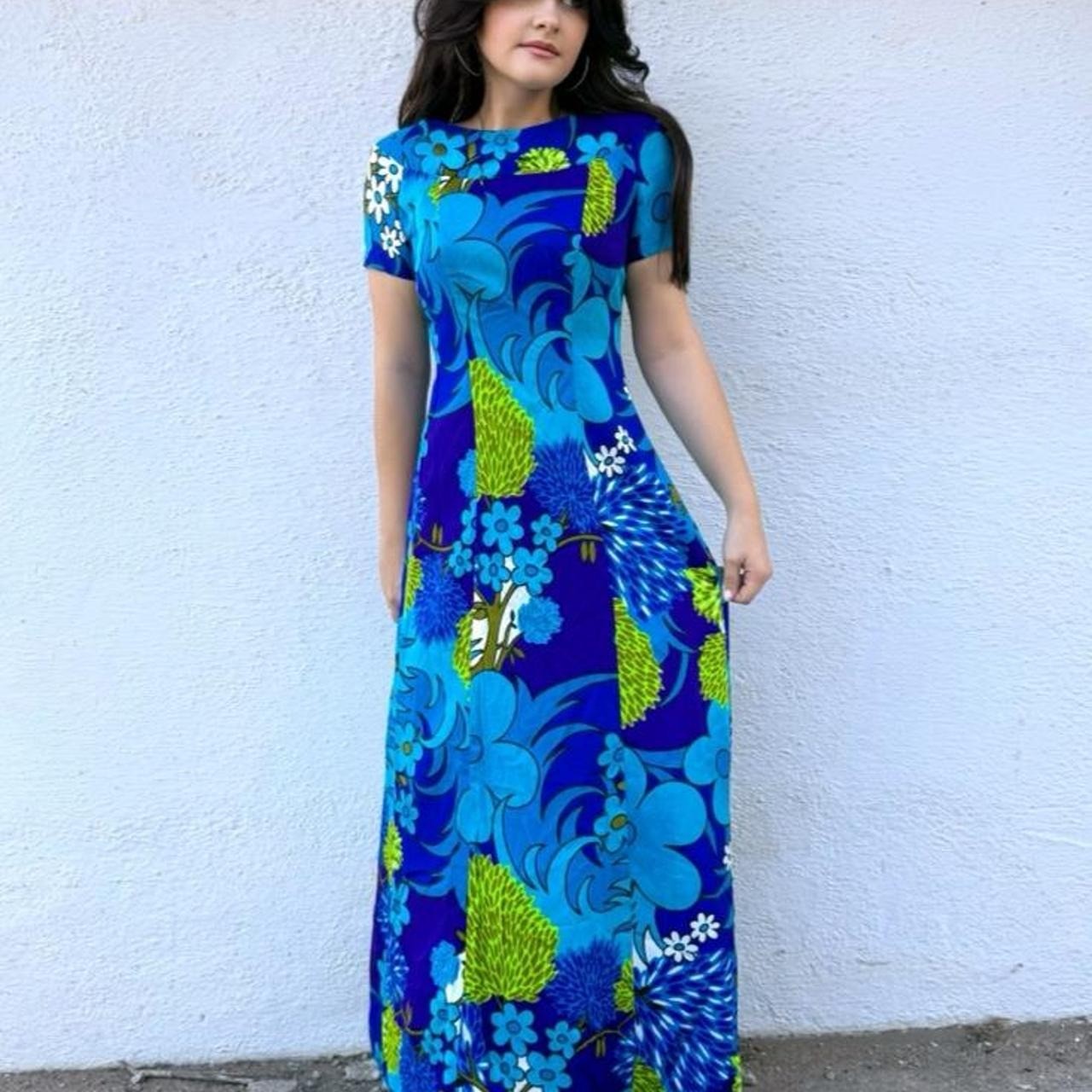 Vintage 60s Hawaiian Floral Maxi Dress Waterfall Back Blue Green Dayglo M L
