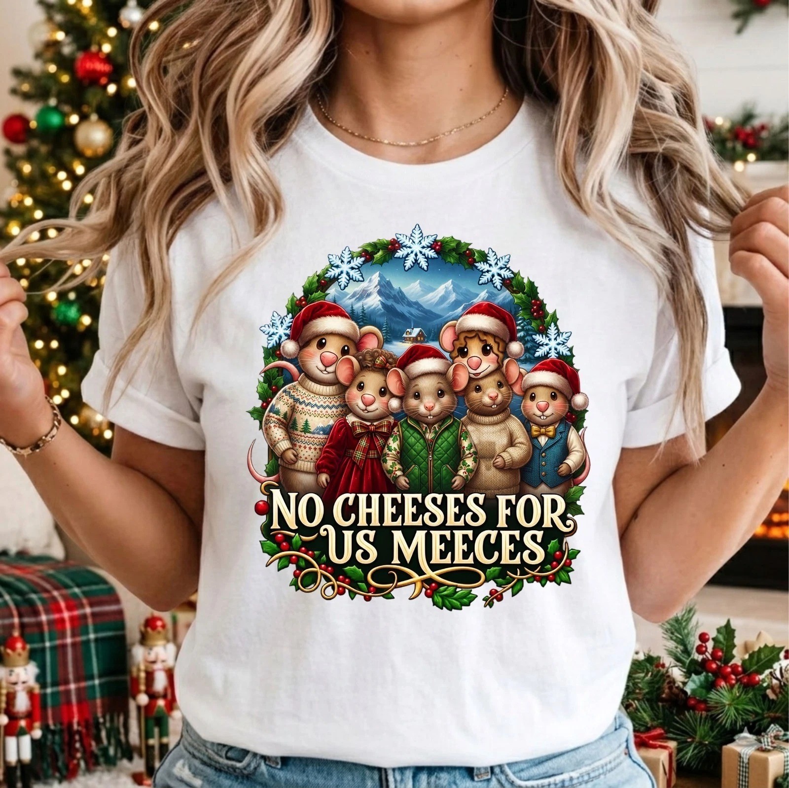 Funny Christmas Mouse T Shirt No Cheeses For Us Meeces Festive Unisex Xmas Tee