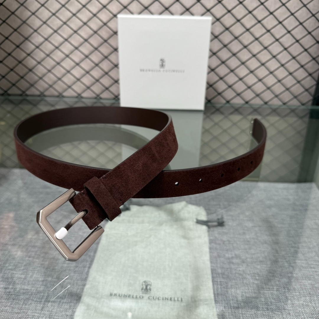 Brunello Cucinelli Men\'s Brown Suede Leather Belt Silver Buckle With Box