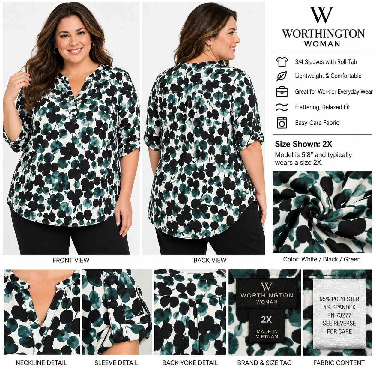Worthington Women\'s 2X Green Black Abstract Floral Roll Tab Sleeve Blouse NWT