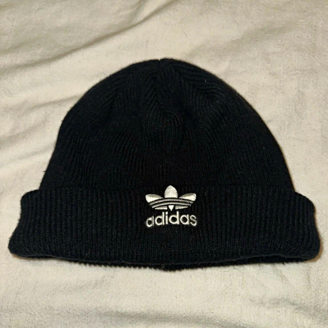 adidas Originals Black Knit Stretch Beanie Hat Trefoil Logo One Size