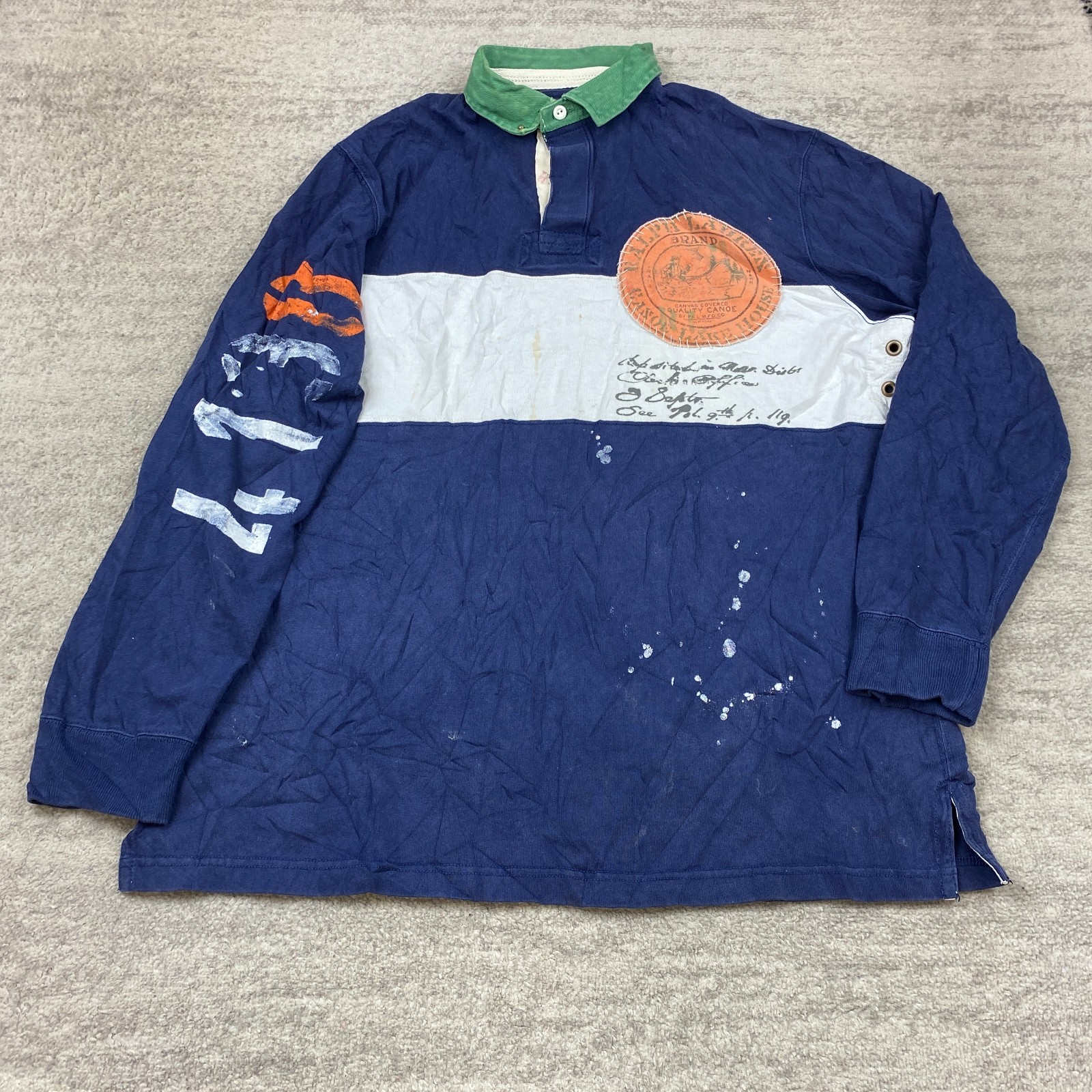 VTG Ralph Lauren Sportsman Canoe Lake Polo Rugby Shirt Large Blue RLPC 67 Patch