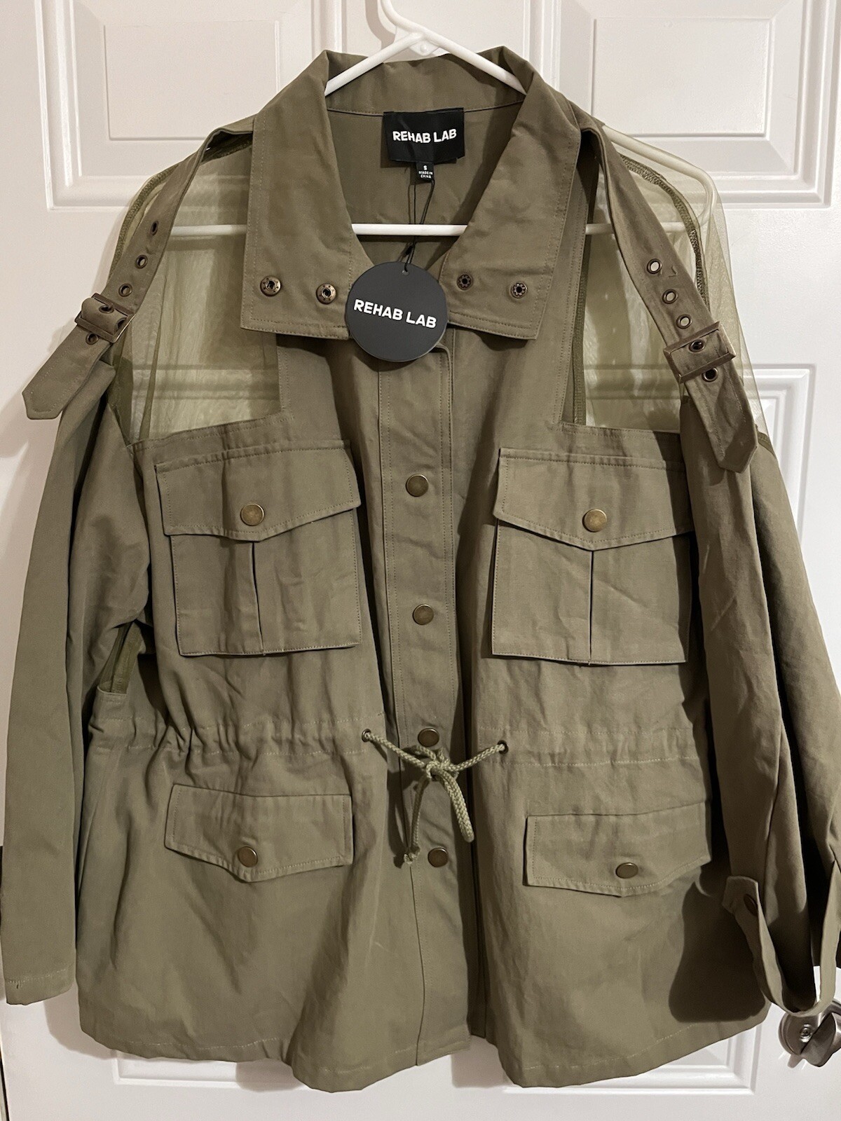 NWT Rehab Lab Women’s Field Jacket Military Snap Button Sheer Shoulder Green S