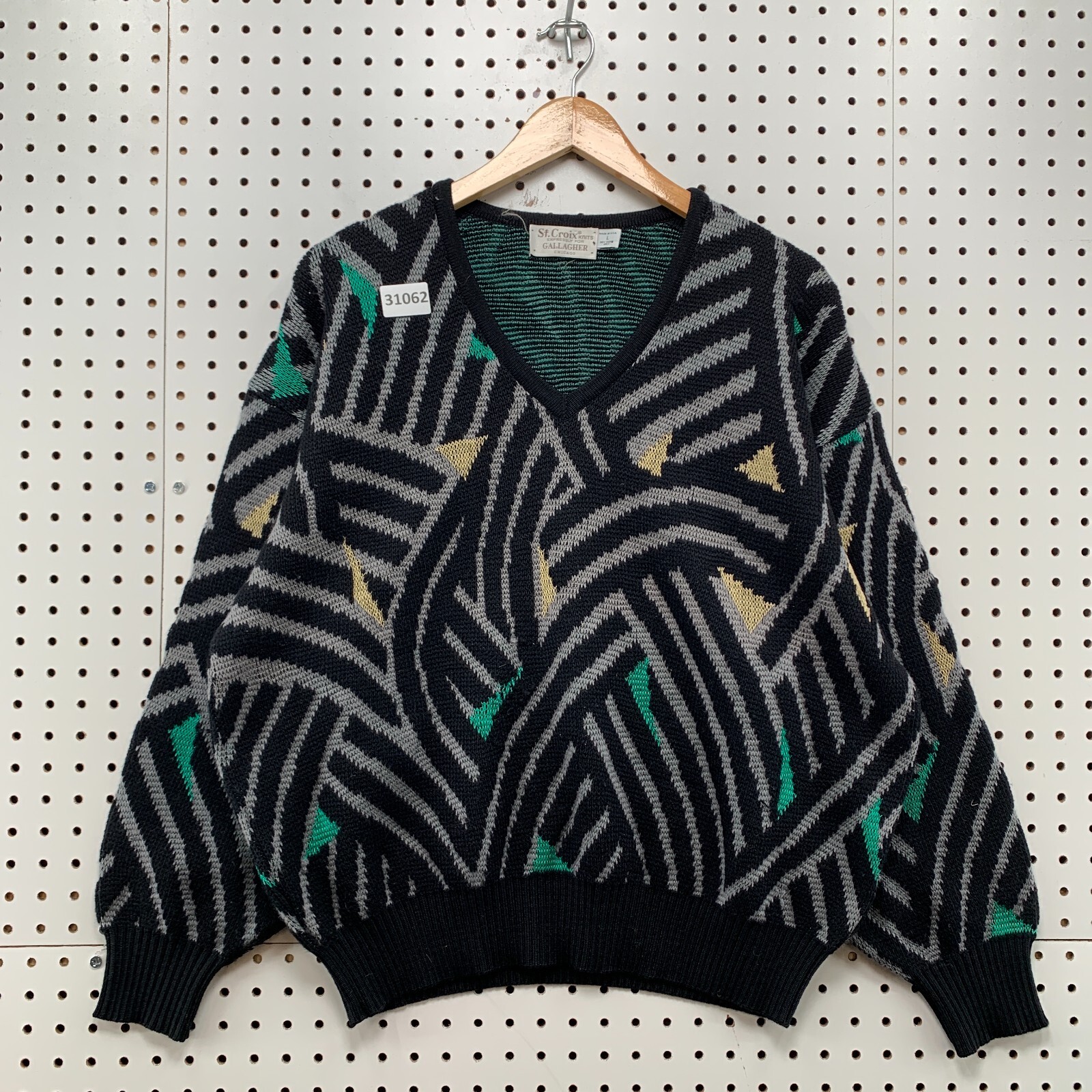 Vintage ST Croix Knits Wool Sweater Mens Large Black Green Zebra Gallagher