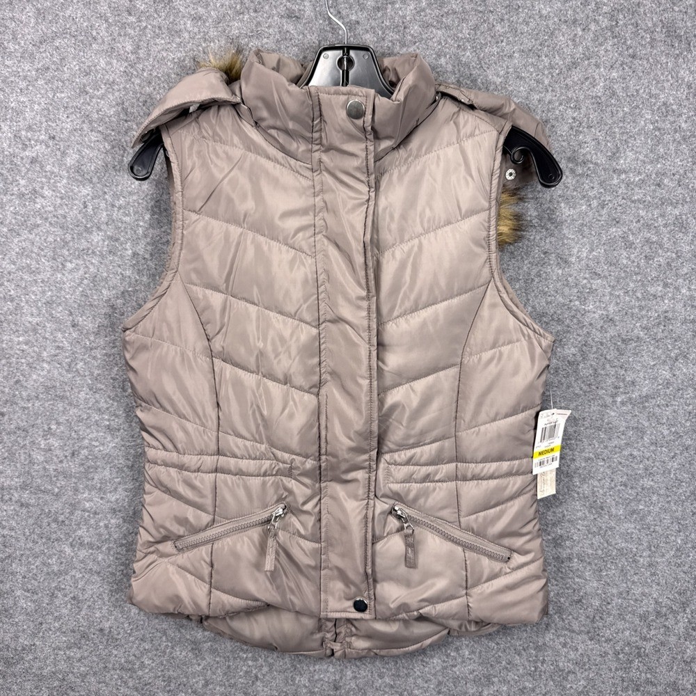 American Rag Puffer Vest Size M Cinder Taupe Faux Fur Hood Removable Quilted NEW