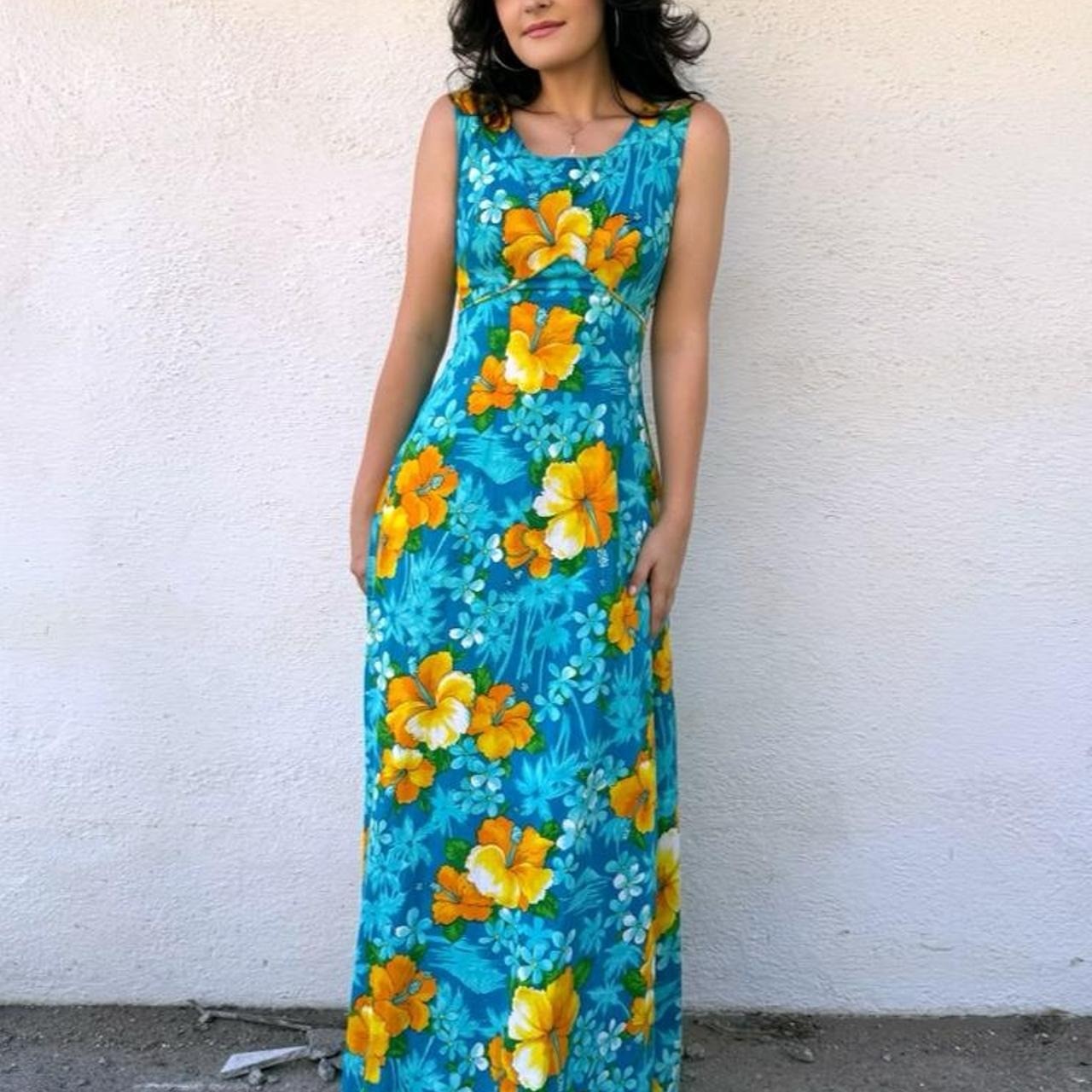 Royal Hawaiian Vintage 1960s Day Glow Bark Cloth Empire Waist Mod Maxi Dress