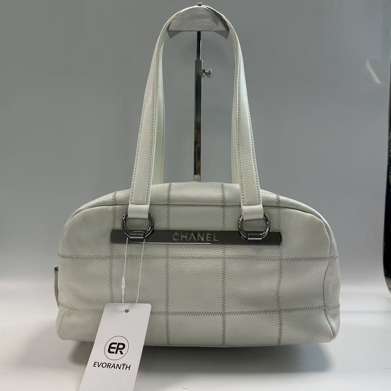 Chanel LAX Boston Bag White Caviar Leather Silver Hardware Shoulder Bag Auth-