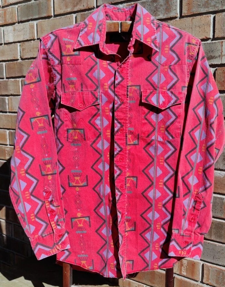 VTG Wrangler Brushpopper Southwest Western Shirt 15.5 34 XL Tail Made in USA