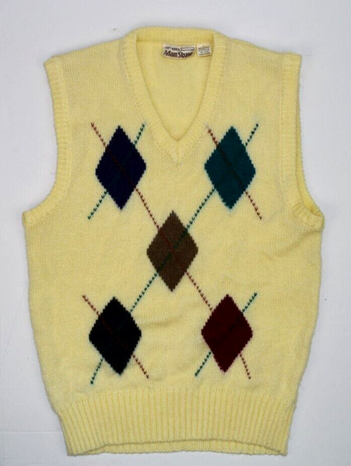 Vintage 70s Adam Sloane Argyle Sweater Vest Mens L  Ivory Mohair Blend V Neck