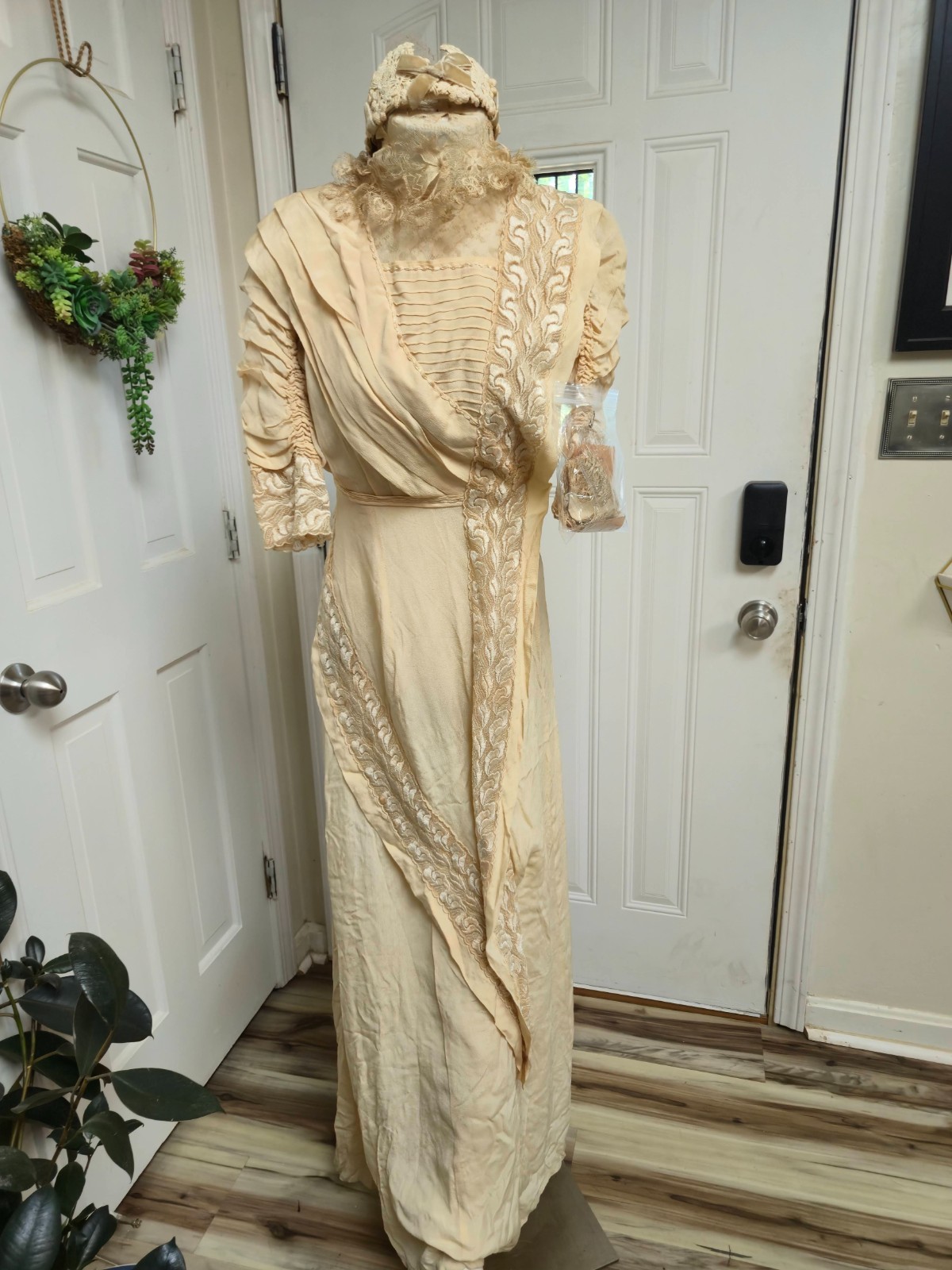 Authentic Antique Edwardian Silk & Lace Wedding Gown c. 1908-1912, w/ Lace Cap