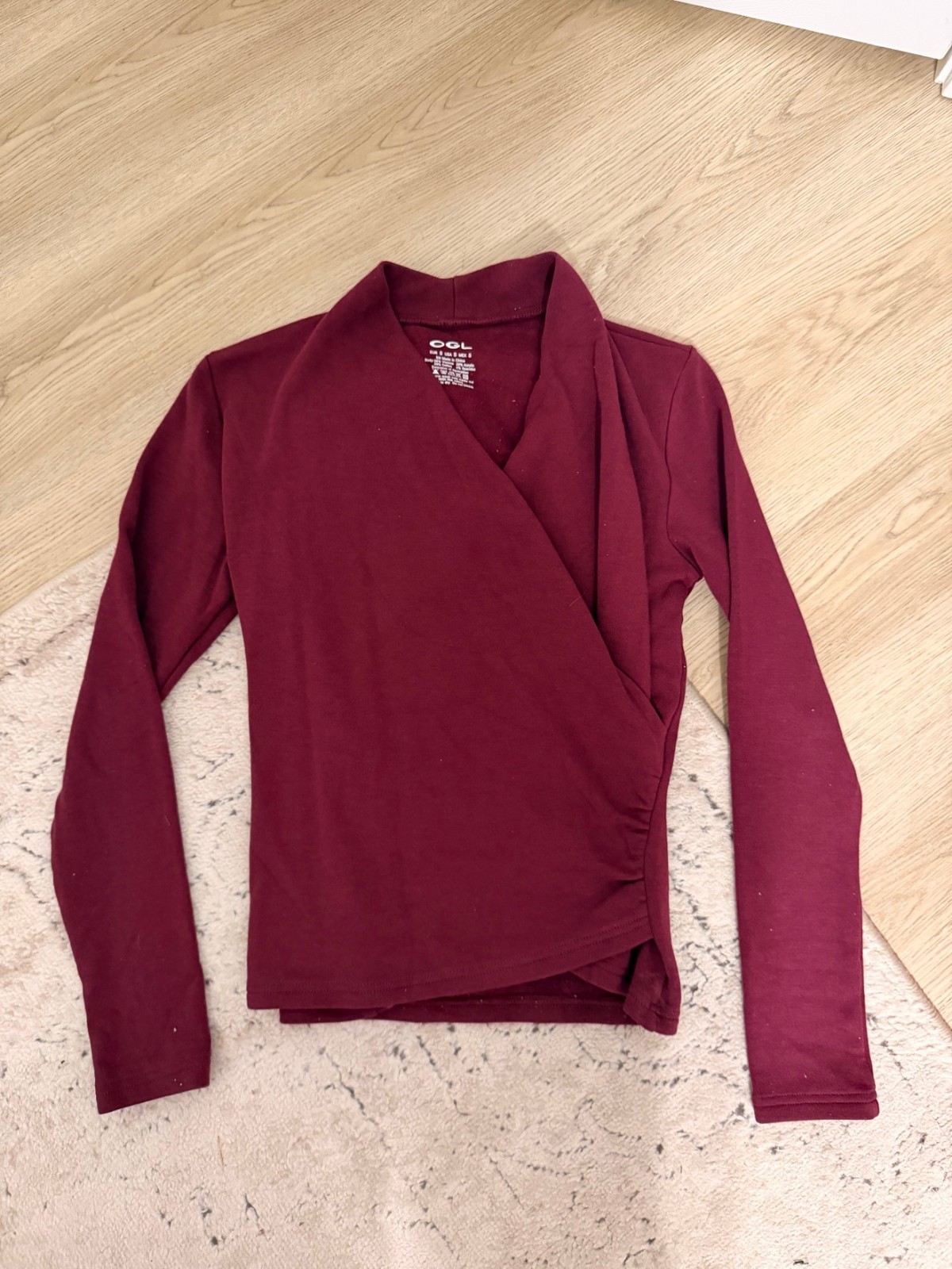 OGL Burgundy Faux Wrap Long Sleeve Top S Surplice V-Neck Blouse