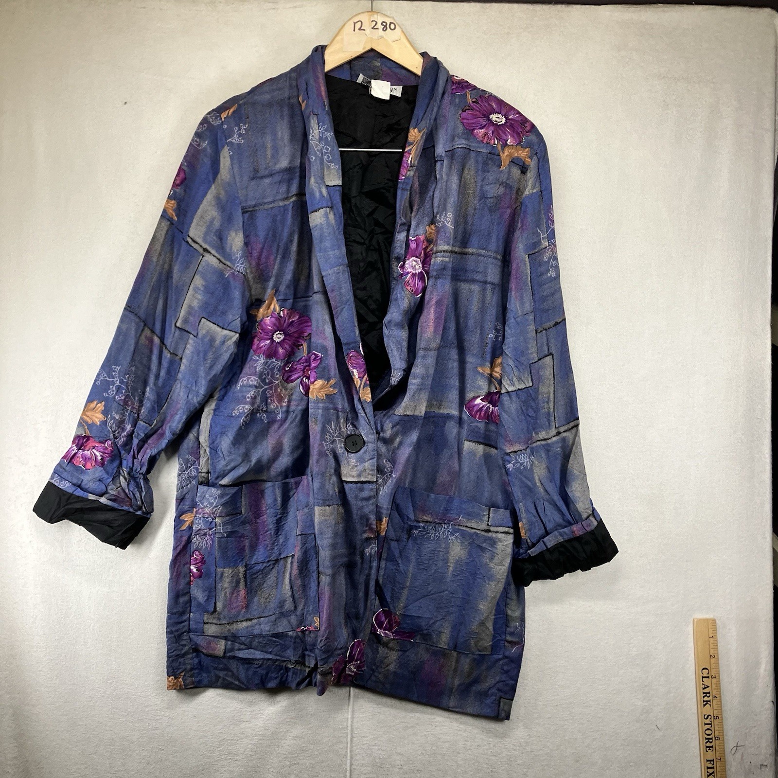 VTG 90s Women\'s Blazer Top Medium Art Blues Purples Floral Flowy Rayon Pockets