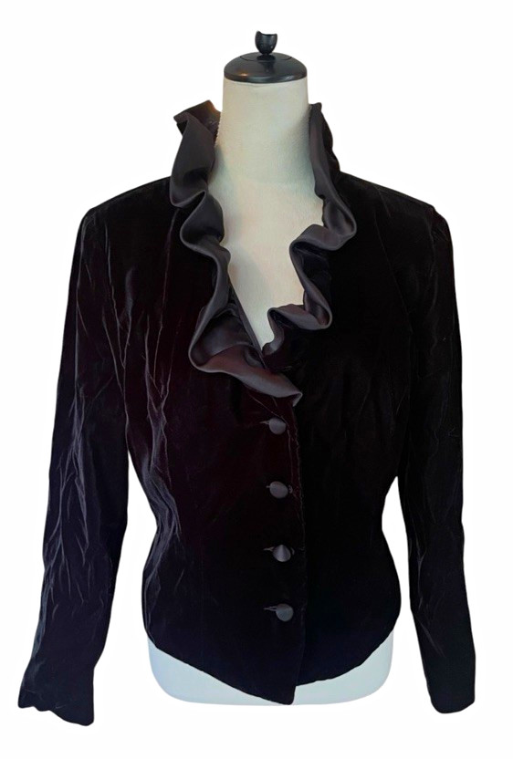 Vintage Patra Black Velvet Jacket Satin Ruffle Trim Evening Formal Blazer 90s