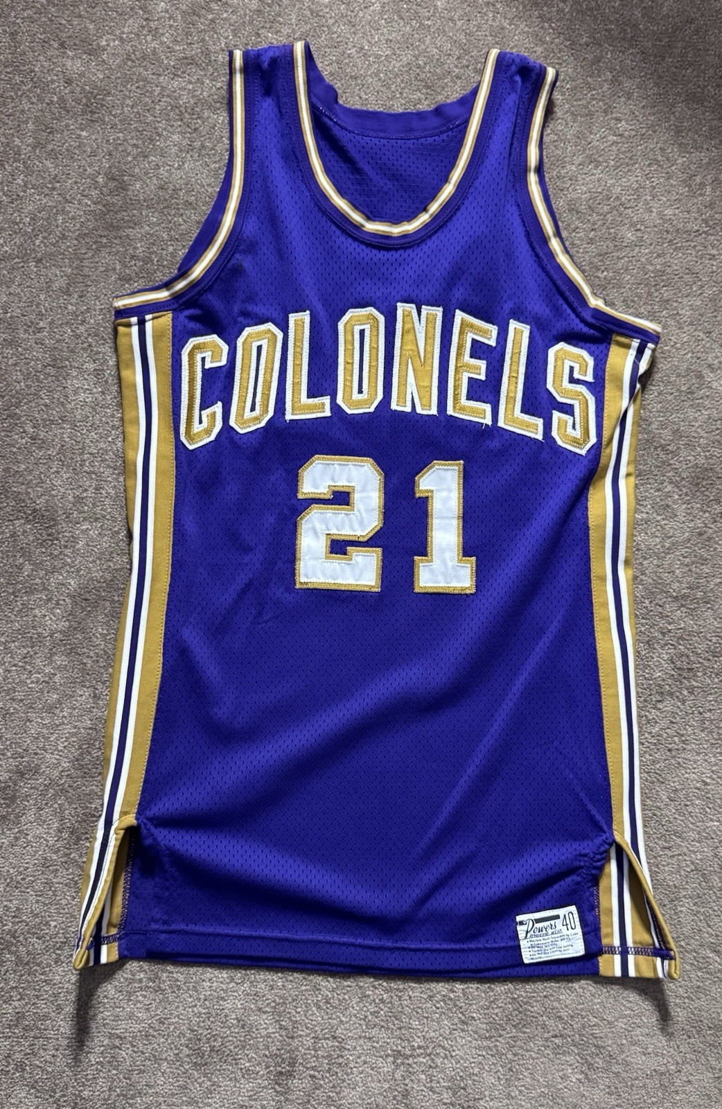 VTG 70s ‘Colonels’ Basketball Jersey Sz 40 Purple Gold #21 Powers Athletic Wear