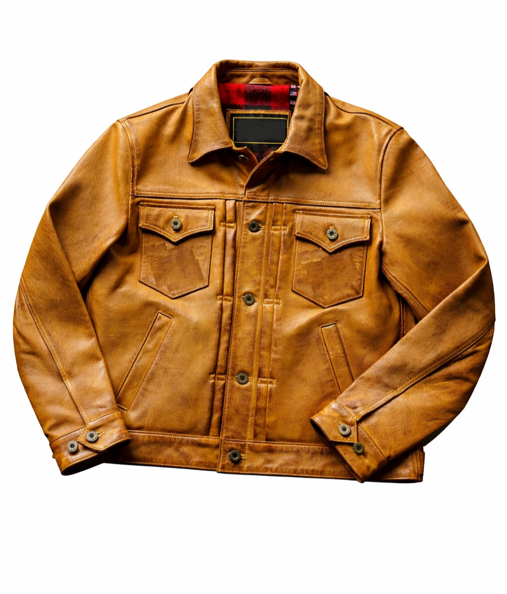 Men’s Full Grain Cowhide Leather Trucker Jacket Vintage 60s Western Waxed Brown