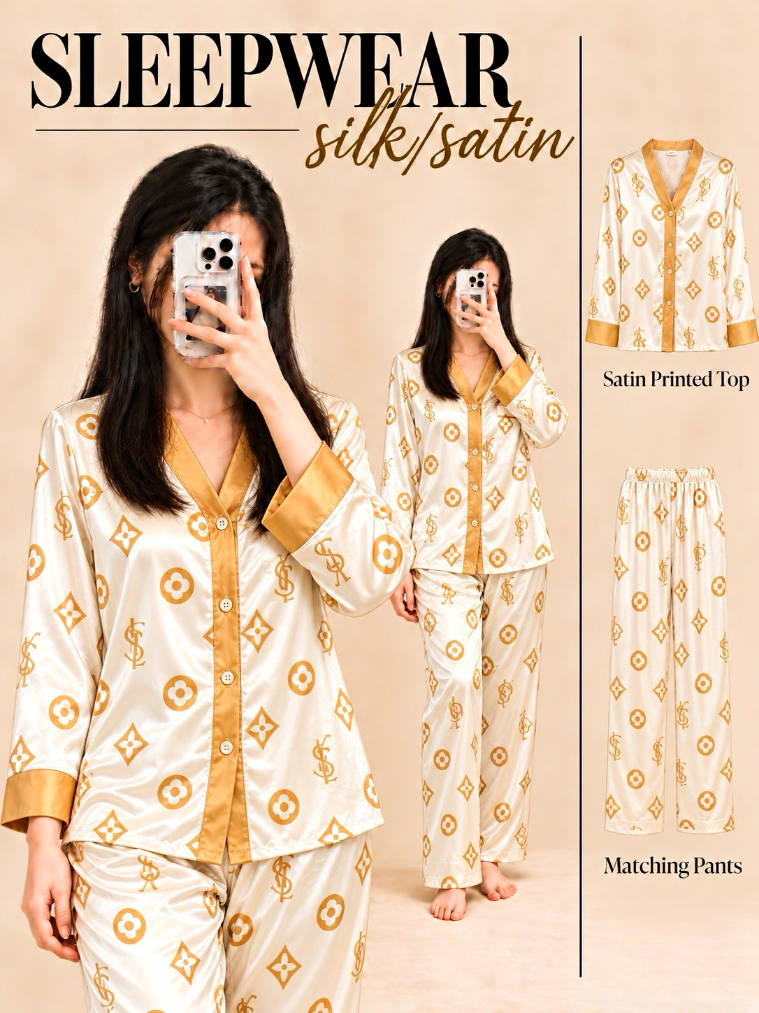 Women’s Silk Satin Pajama Set L Ivory/Gold Logo V-Neck Button-Up Long Sleeve