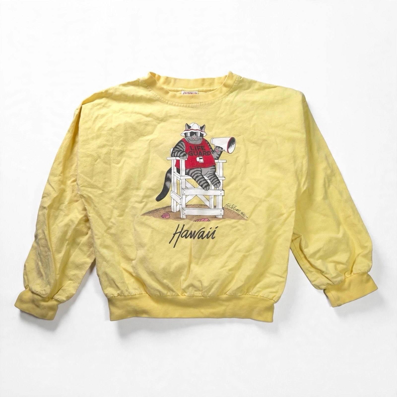 Vintage Crazy Shirts Hawaii B Kliban Cat Sweatshirt Kids M Yellow Lifeguard