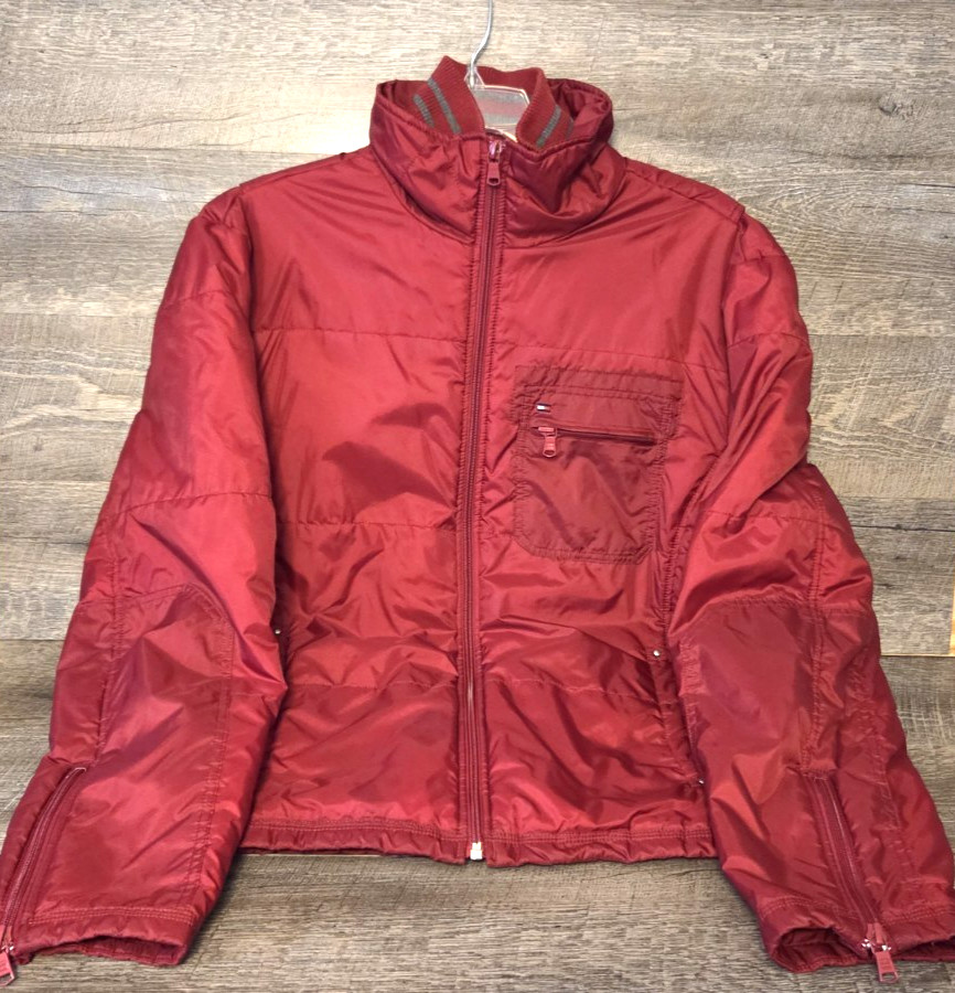 Vintage Tommy Hilfiger Red Puffer Coat High Neck Zip Sleeves Men\'s Size Large