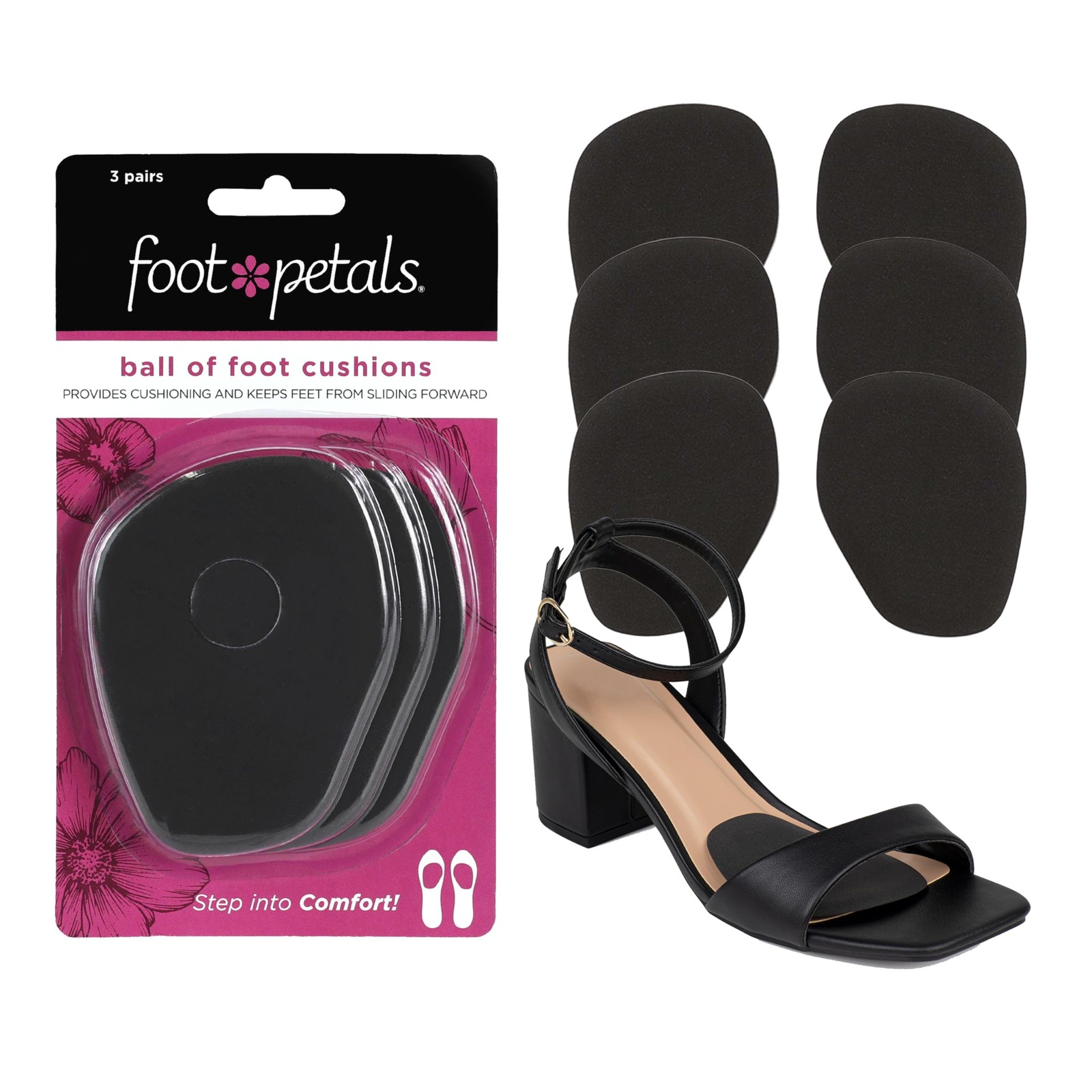 Foot Petals Ball of Cushions, Metatarsal Pad, 3 pair (Pack 3), Black 