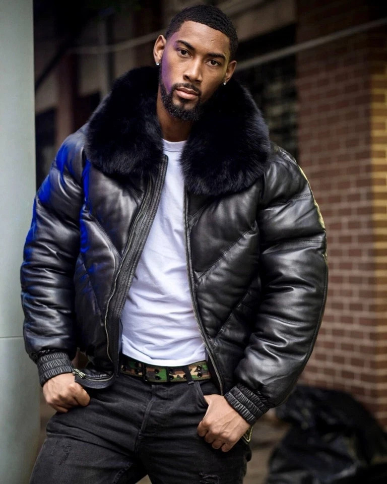 Mens V Bomber Quilted Puffer Black Real Leather Winter Jacket Fur Collar