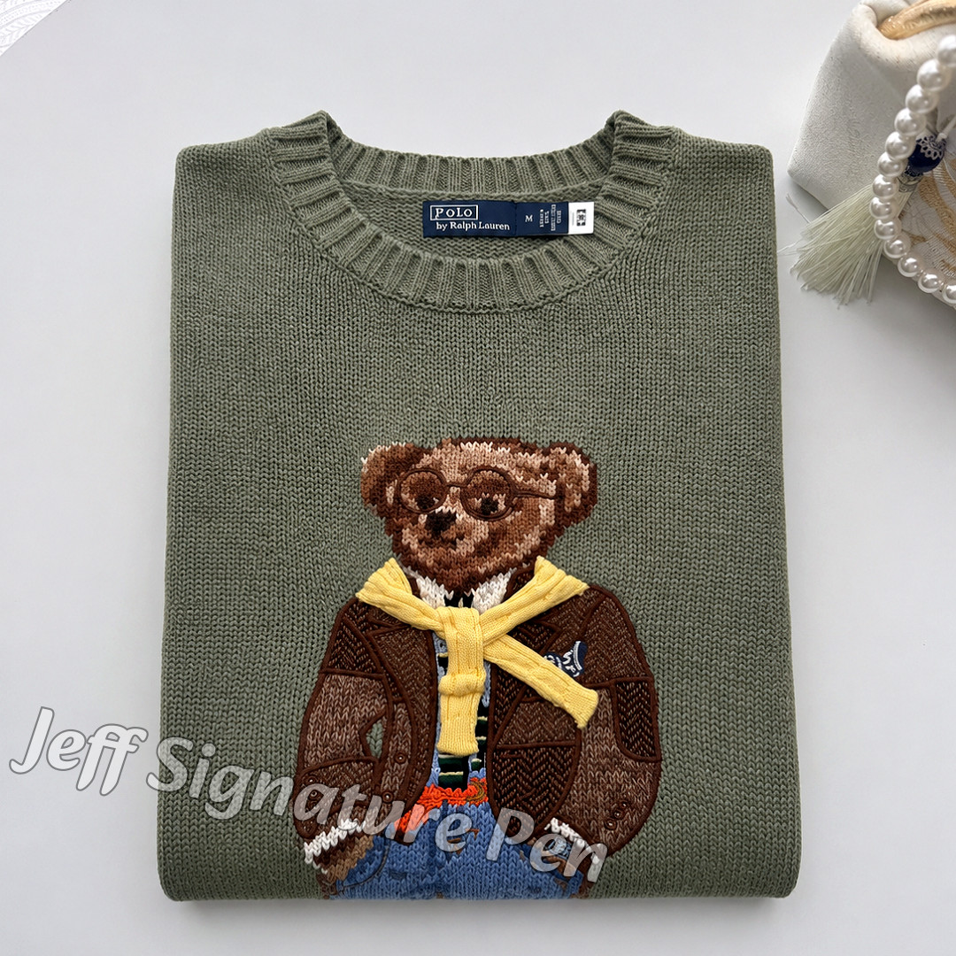 POLO RALPH LAUREN Olive Green Teddy Bear Cotton Sweater Men Small NWT