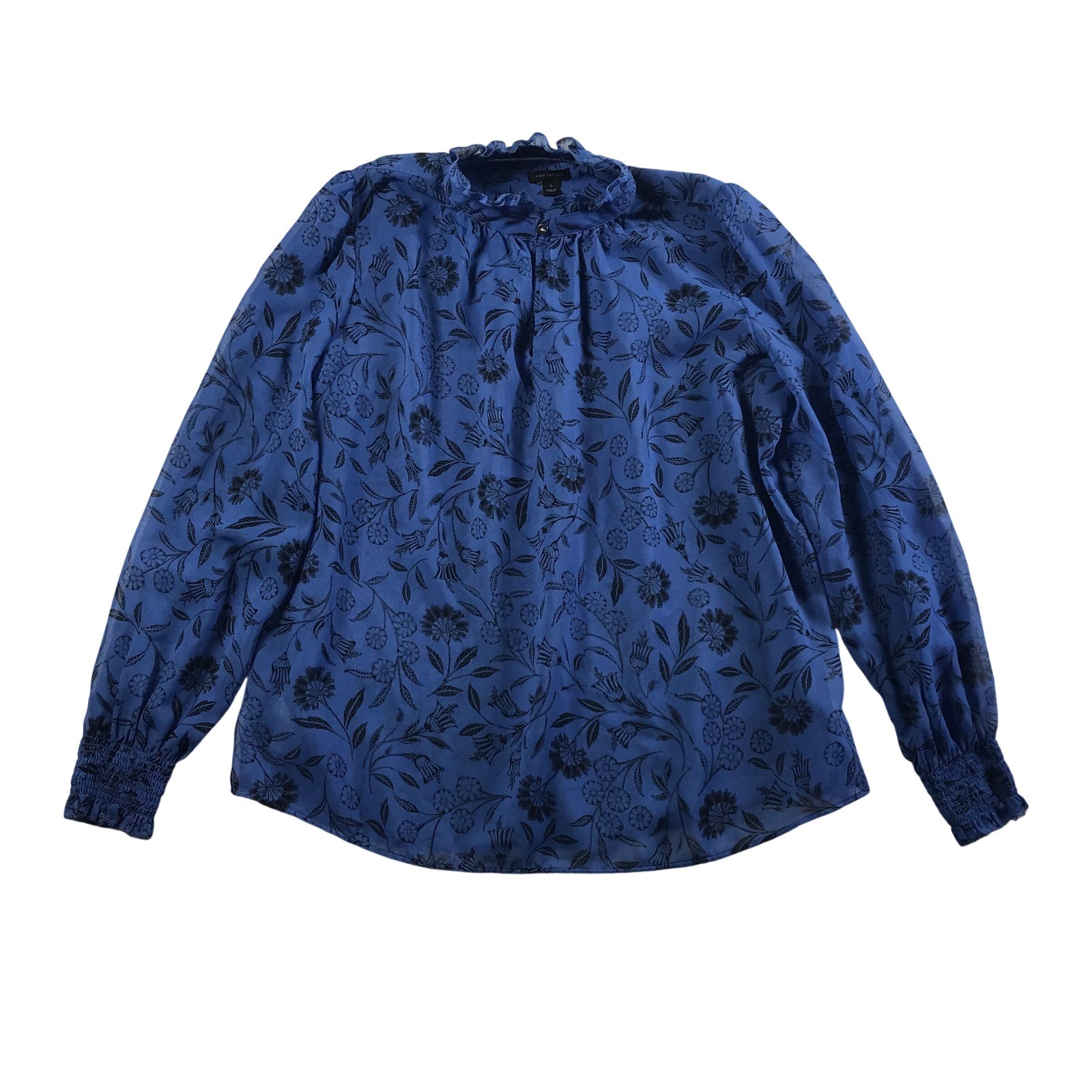 Ann Taylor Blue Floral Ruffle Neck Smocked Cuff Blouse Small