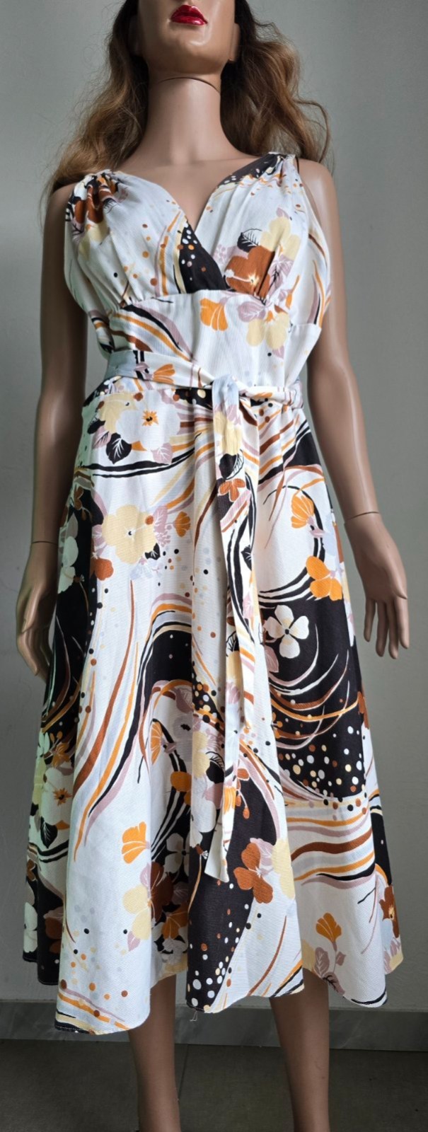 Vintage70sTRINA LEWIS& MARJON COUTURE Cotton Dress Abstract Floral Bust-90cm/35\