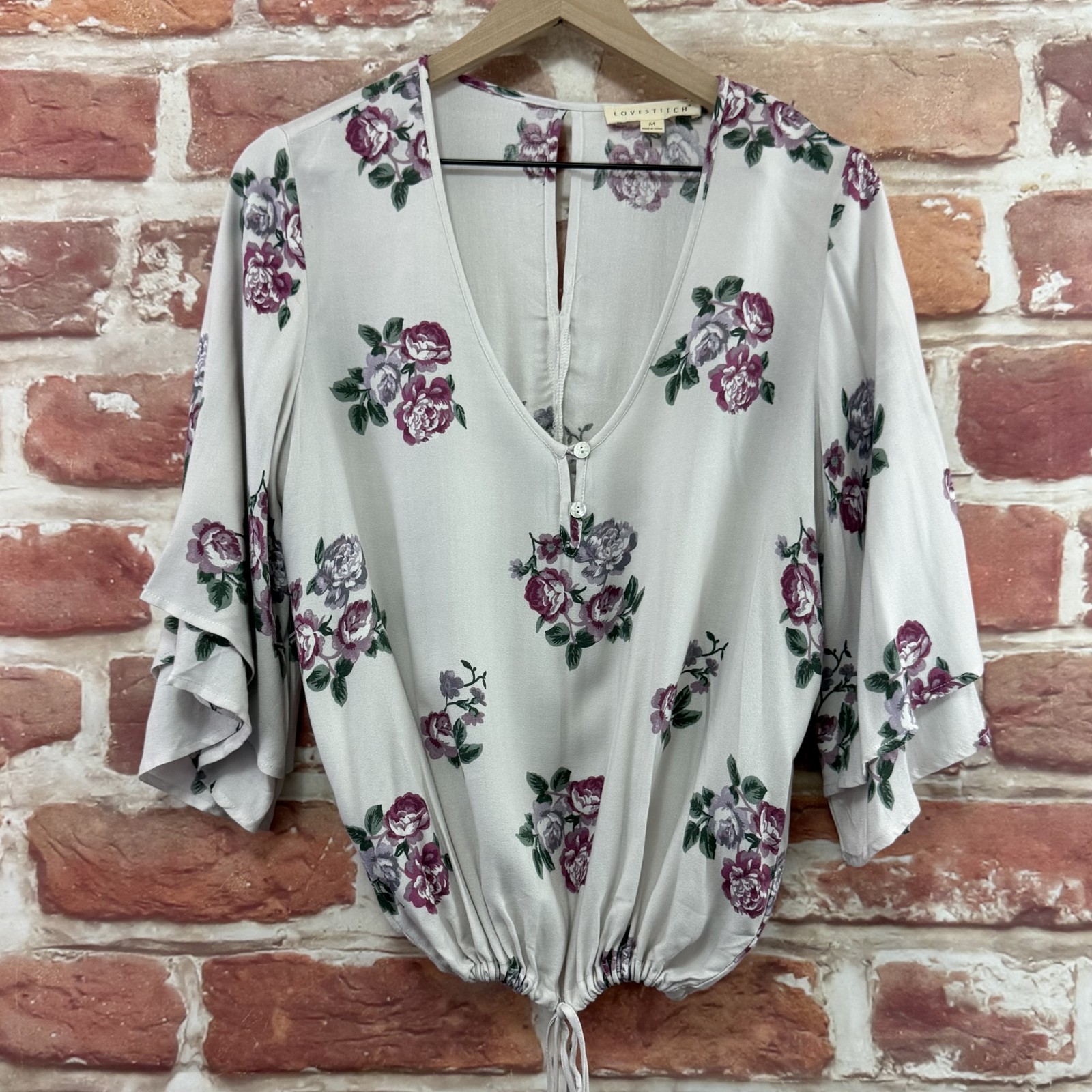Anthropologie Lovestitch Top Womens M Purple Multicolor Boho Garden Floral Shirt