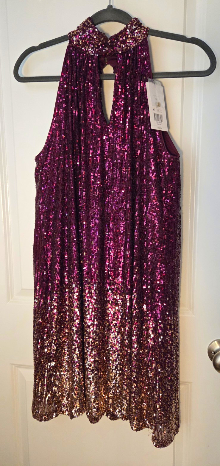 The Limited Maroon and Gold Sequin Halter Neck Sleeveless Top, Women\'s Size S