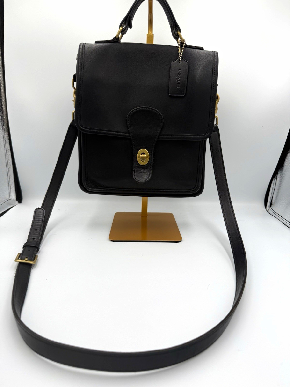 Vintage Coach Station Bag Black Leather Turnlock Satchel Gold Hardware Det Strap