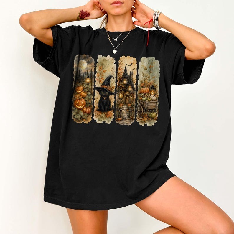 Brushstroke Halloween Cat Shirt Comfort Colors, Witchy Black Cat Shirt